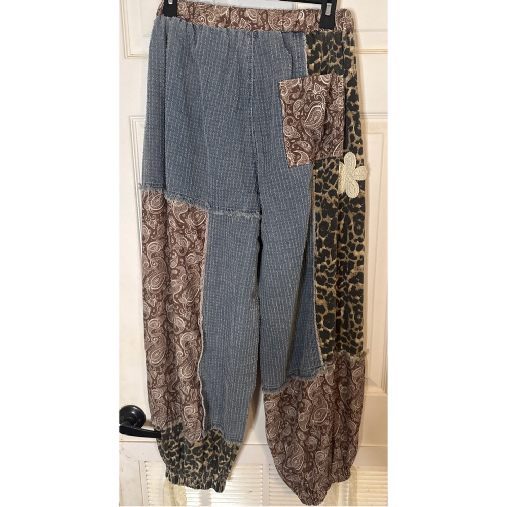 Women's POL Blue Brown Patchwork Jogger Wide Leg Pants S - Picture 2 of 3